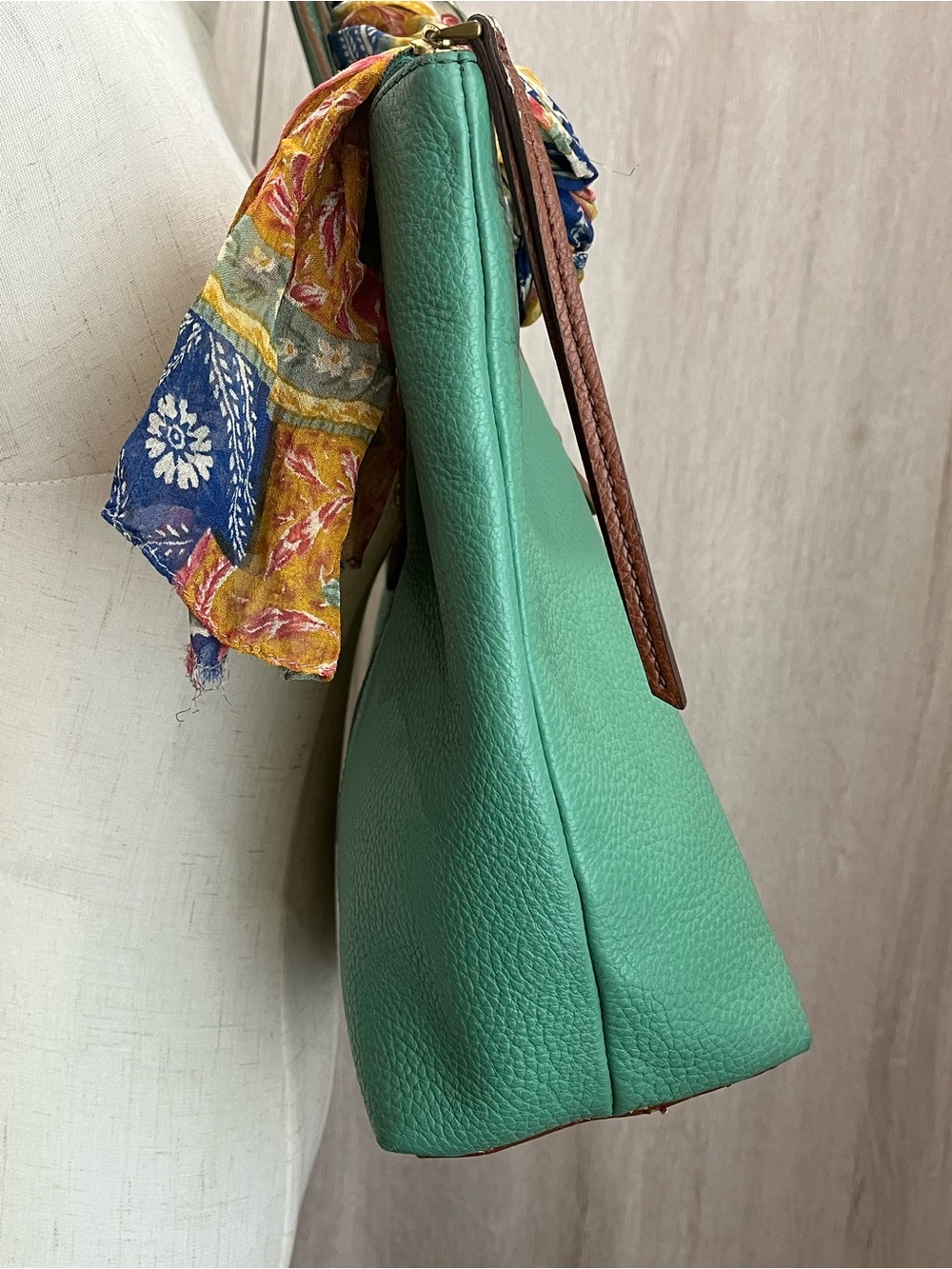 Fossil Green Pebbled Leather Tote Bag Large Zip Top Shoulder Purse - Picture 8 of 14